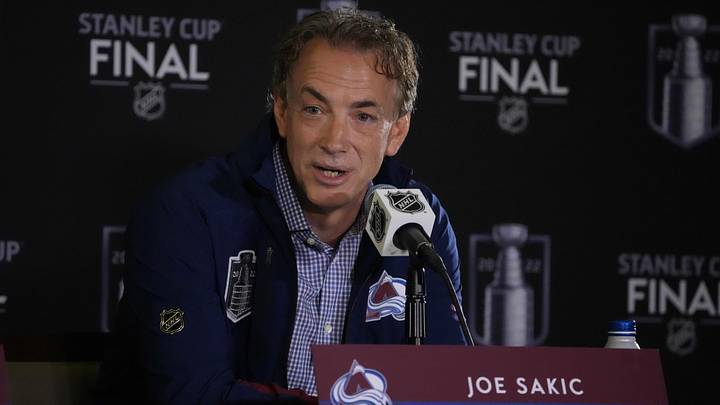 Jun 14, 2022; Denver, Colorado, USA; Colorado Avalanche general manager Joe Sakic speaks during media day for the 2022 Stanley Cup Final at Ball Arena. Mandatory Credit: Ron Chenoy-Imagn Images