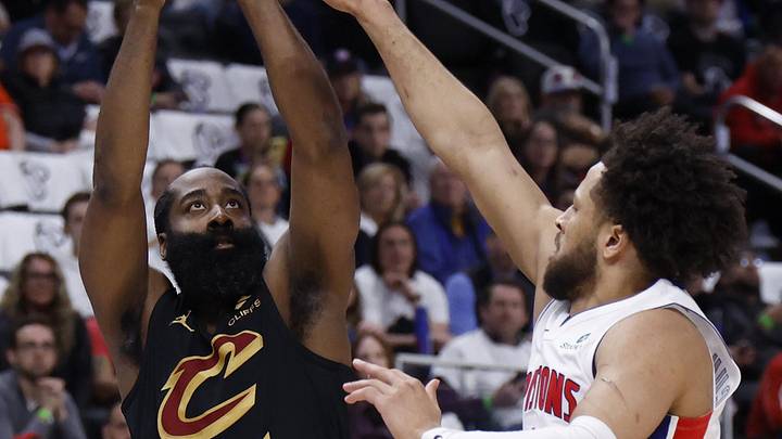 May 5, 2026; Detroit, Michigan, USA; Cleveland Cavaliers guard James Harden (1) shoots against Detroit Pistons guard Cade Cunningham (2) in the first half during game one of the second round of the 2026 NBA Playoffs at Little Caesars Arena. Mandatory Credit: Rick Osentoski-Imagn Images