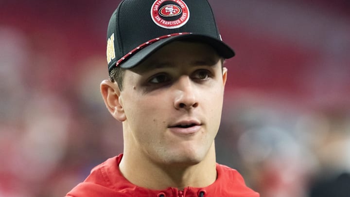 Jan 5, 2025; Glendale, Arizona, USA; San Francisco 49ers quarterback Brock Purdy against the Arizona Cardinals at State Farm Stadium. Mandatory Credit: Mark J. Rebilas-Imagn Images