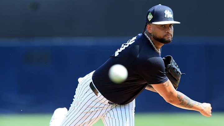 Mar 15, 2026; Tampa, Florida, USA;  New York Yankees starting pitcher Luis Gil (81) throws a pitch during the first inning against the Detroit Tigers at George M. Steinbrenner Field. Mandatory Credit: Kim Klement Neitzel-Imagn Images