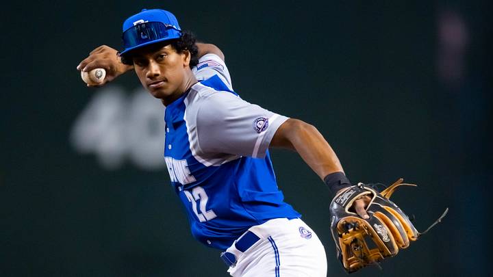 Aug 28, 2022; Phoenix, Arizona, US; East infielder Arjun Nimmala (22) during the Perfect Game All-American Classic high school baseball game at Chase Field. Mandatory Credit: Mark J. Rebilas-USA TODAY Sports Aug 28, 2022; Phoenix, Arizona, US; East infielder Arjun Nimmala (22) during the Perfect Game All-American Classic high school baseball game at Chase Field. Mandatory Credit: Mark J. Rebilas-USA TODAY Sports