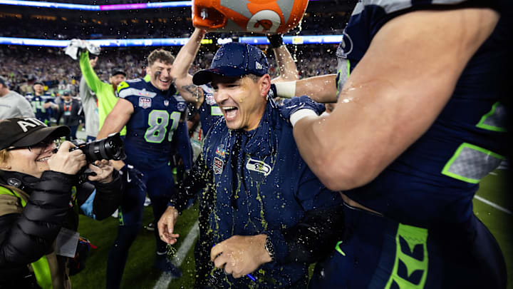 Feb 8, 2026; Santa Clara, CA, USA; Seattle Seahawks head coach Mike MacDonald is doused with gatorade after defeating the New England Patriots in Super Bowl LX at Levi's Stadium.