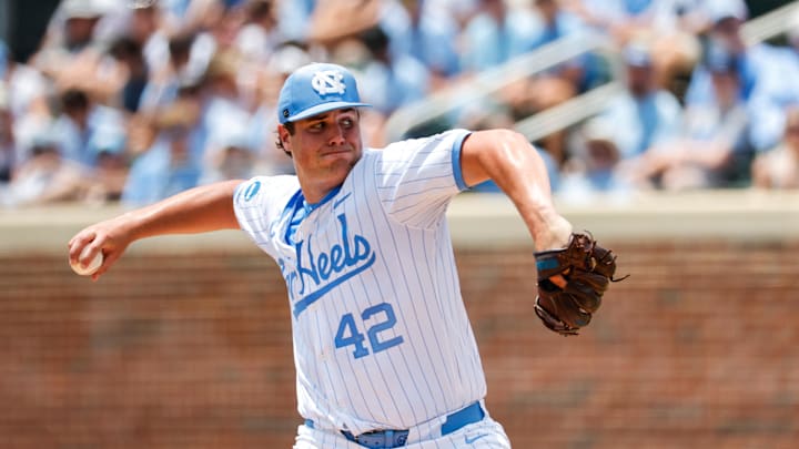 Jun 8, 2025; Chapel Hill, NC, USA; North Carolina pitcher Jake Knapp (42) pitches the ball during the seventh inning of the Super Regionals game against Arizona in Chapel Hill, North Carolina. Mandatory Credit: Jaylynn Nash-Imagn Images