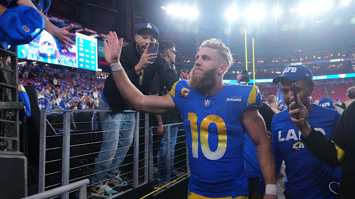 Jan 13, 2025; Glendale, AZ, USA; Los Angeles Rams wide receiver Cooper Kupp (10) reacts after the NFC wild card game against the Minnesota Vikings at State Farm Stadium. Mandatory Credit: Joe Camporeale-Imagn Images Jan 13, 2025; Glendale, AZ, USA; Los Angeles Rams wide receiver Cooper Kupp (10) reacts after the NFC wild card game against the Minnesota Vikings at State Farm Stadium. Mandatory Credit: Joe Camporeale-Imagn Images