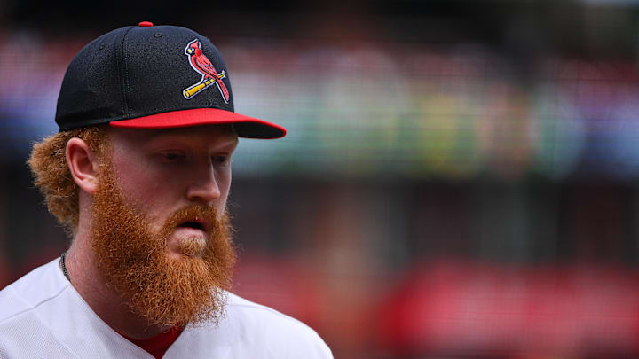 Mar 29, 2026; St. Louis, Missouri, USA; St. Louis Cardinals starting pitcher Dustin May (3) looks on as he walks off the field after the second inning against the Tampa Bay Rays at Busch Stadium. Mandatory Credit: Jeff Curry-Imagn Images Mar 29, 2026; St. Louis, Missouri, USA; St. Louis Cardinals starting pitcher Dustin May (3) looks on as he walks off the field after the second inning against the Tampa Bay Rays at Busch Stadium. Mandatory Credit: Jeff Curry-Imagn Images
