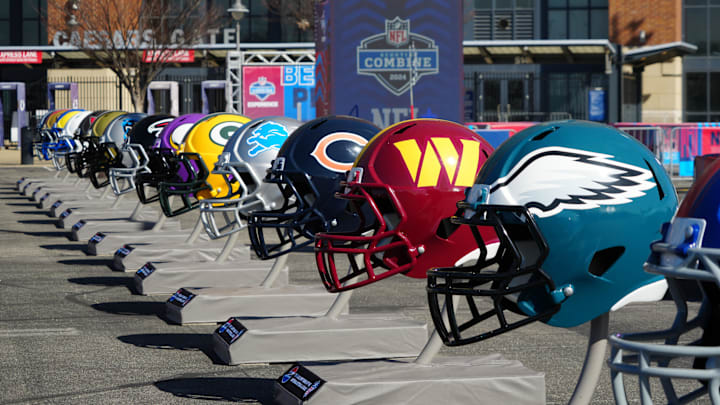 Feb 28, 2024; Indianapolis, IN, USA; A general view of large Philadelphia Eagles, Washington Commanders and Chicago Bears helmets at the NFL Scouting Combine Experience at Lucas Oil Stadium. Mandatory Credit: Kirby Lee-Imagn Images