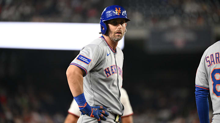 Aug 20, 2025; Washington, District of Columbia, USA; New York Mets second baseman Jeff McNeil (1) looks towards the dugout from third base against the Washington Nationals during the sixth inning at Nationals Park. Mandatory Credit: Rafael Suanes-Imagn Images