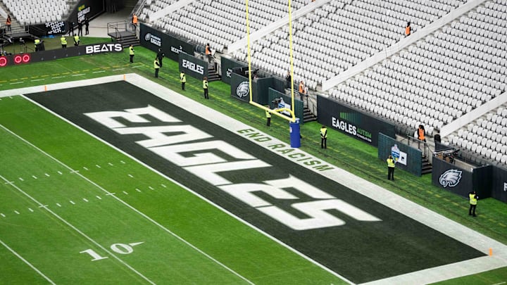 Sep 6, 2024; Sao Paulo, Brazil; The Philadelphia Eagles logo in the end zone at the 2024 NFL Sao Paolo Game at Neo Quimica Arena. Mandatory Credit: Kirby Lee-Imagn Images Sep 6, 2024; Sao Paulo, Brazil; The Philadelphia Eagles logo in the end zone at the 2024 NFL Sao Paolo Game at Neo Quimica Arena. Mandatory Credit: Kirby Lee-Imagn Images