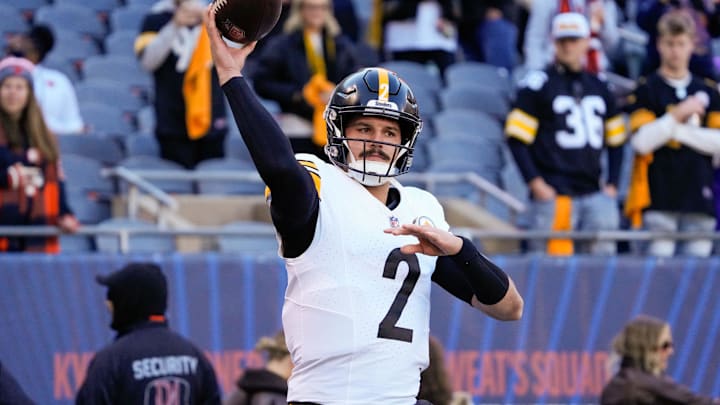Nov 23, 2025; Chicago, Illinois, USA; Pittsburgh Steelers quarterback Mason Rudolph (2) warms up prior to a game against the Chicago Bears at Soldier Field. Mandatory Credit: David Banks-Imagn Images