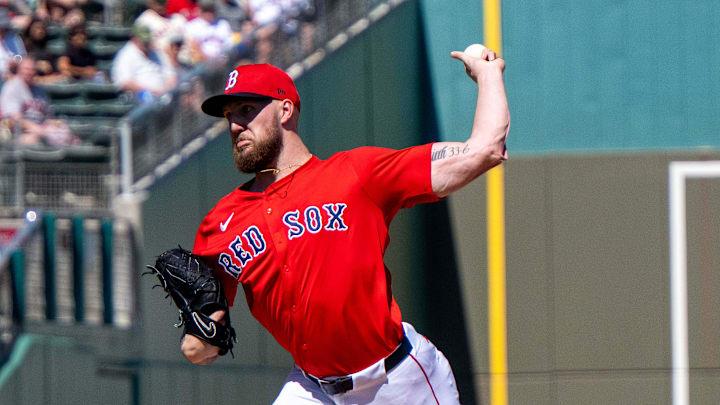 Feb 23, 2025; Fort Myers, Florida, USA; Boston Red Sox pitcher Garrett Crochet (35) pitching in the first inning of their game against the Toronto Blue Jays at JetBlue Park at Fenway South. Mandatory Credit: Chris Tilley-Imagn Images