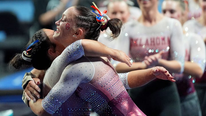 Oklahoma's Elle Mueller celebrates a vault during the SEC Women's gymnastics meet between the University of Oklahoma Sooners and the Alabama Crimson Tide at the Lloyd Noble Center in Norman, Okla., Friday Feb. 6, 2026.