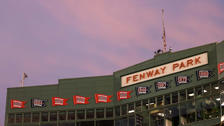 Jun 9, 2021; Boston, Massachusetts, USA; A general view of Fenway Park a sunset during a game between the Houston Astros and the Boston Red Sox. Mandatory Credit: Paul Rutherford-Imagn Images