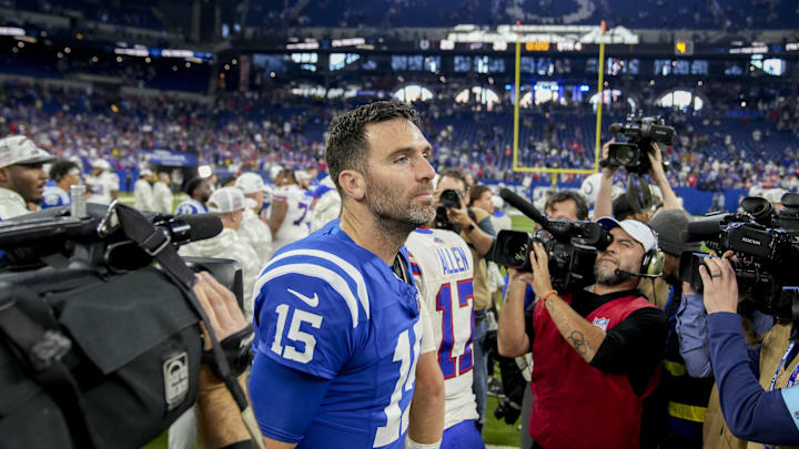 Nov 10, 2024; Indianapolis, Indiana, USA; Indianapolis Colts quarterback Joe Flacco (15) heads off the field Sunday, Nov. 10, 2024, after losing 30-20 to the Buffalo Bills at Lucas Oil Stadium in Indianapolis. 