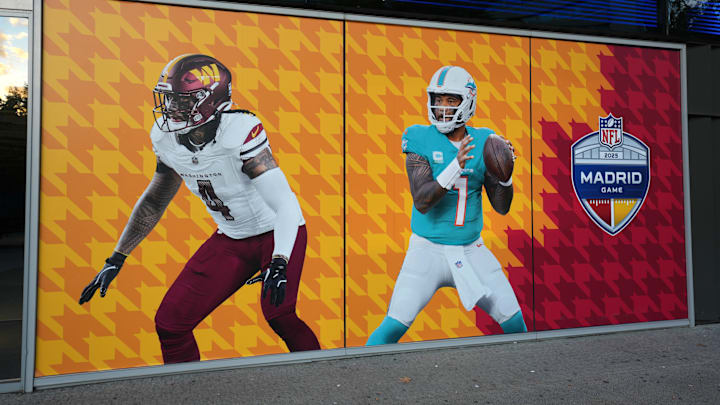 A graphic with images of Washington Commanders linebacker Frankie Luvu (4) and Miami Dolphins quarterback Tua Tagovailoa (1) at Santiago Bernabeu Stadium, the site of the 2025 NFL Madrid Game.