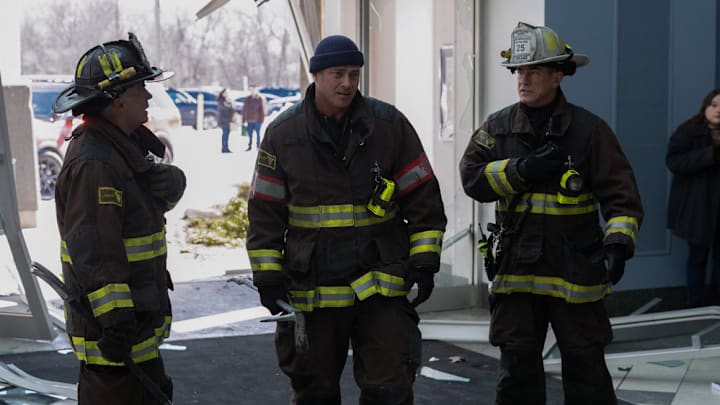 CHICAGO FIRE -- "A Beast Like This" Episode 13017 -- Pictured: (l-r) David Eigenberg as Christopher Herrmann, Taylor Kinney as Kelly Severide, Dermot Mulroney as Chief Dom Pascal --