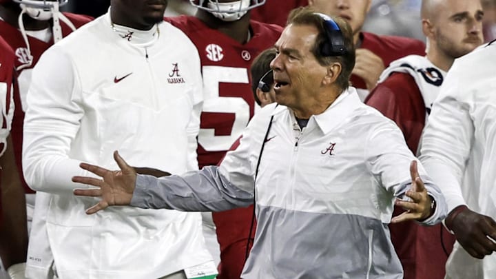 Alabama Crimson Tide head coach Nick Saban reacts after a penalty during the second half against the Texas A&M Aggies.