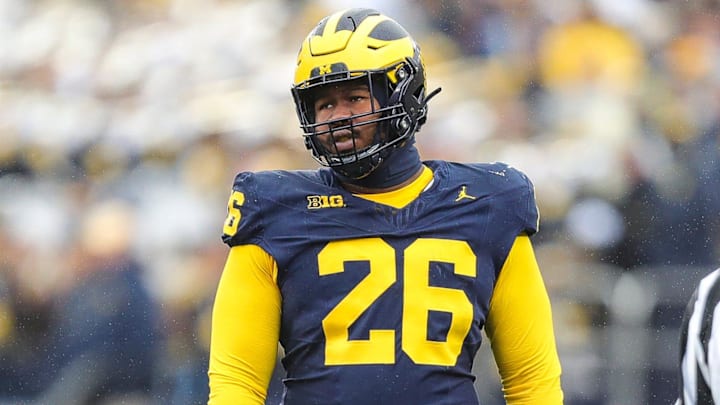 Michigan defensive lineman Rayshaun Benny gets in position before a play against Indiana during the second half of U-M's 52-7 win over Indiana on Saturday, Oct. 14, 2023, in Ann Arbor.