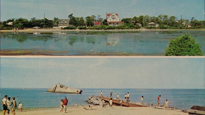 A 1960 postcard shows the fragile coastline at Cape May Point, with Lilly Lake (top) and the sunken concrete ship SS Atlantis (bottom). Just down the beach, the vanished town of South Cape May was permanently claimed by the same volatile waters.
