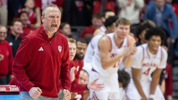 Indiana Head Coach Darian DeVries encourages his team during the Indiana versus Purdue mens basketball game at Simon Skjodt Assembly Hall on Tuesday, Jan. 27, 2026.