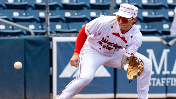 Worcester third baseman Mikey Romero fields a grounder to set up a double play in the second inning at Polar Park August 1.