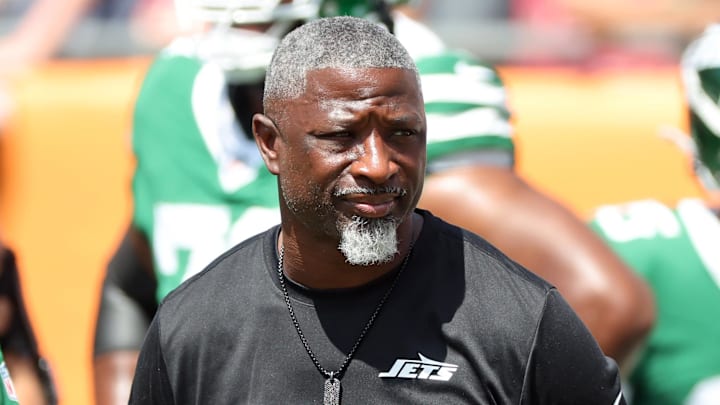 Sep 21, 2025; Tampa, Florida, USA; New York Jets head coach Aaron Glenn against the Tampa Bay Buccaneers prior to the game at Raymond James Stadium. Mandatory Credit: Kim Klement Neitzel-Imagn Images