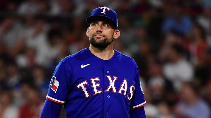 Jun 14, 2026; Boston, Massachusetts, USA; Texas Rangers pitcher Nathan Eovaldi (17) walks to the dugout during the fifth inning against the Boston Red Sox at Fenway Park. Mandatory Credit: Bob DeChiara-Imagn Images
