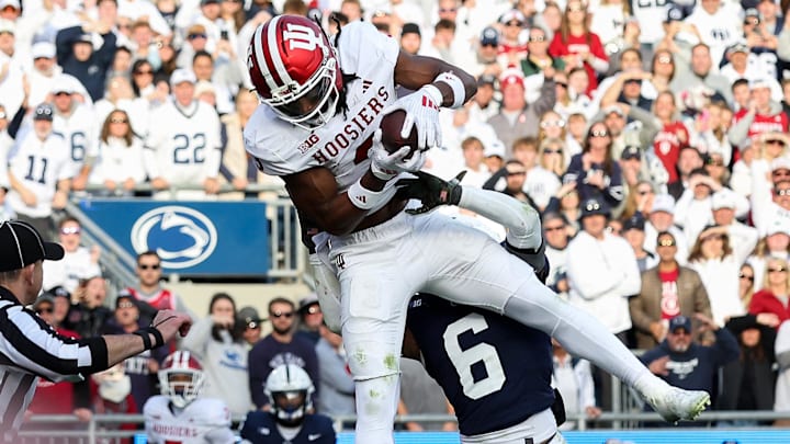 Indiana Hoosiers wide receiver Omar Cooper Jr. (3) makes a catch in the end zone for a touchdown against the Penn State Nittany Lions at Beaver Stadium. 