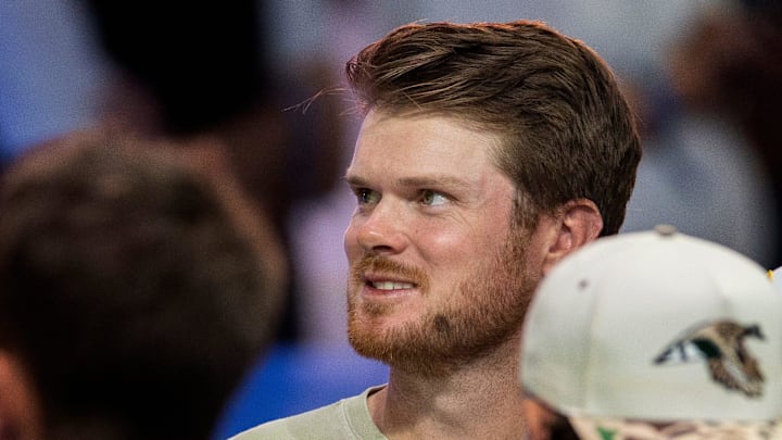Minnesota Vikings quarterback Sam Darnold attends the TGL match between Jupiter Links GC and Atlanta Drive GC at SoFi Center on March 4, 2025, in Palm Beach Gardens, Florida.