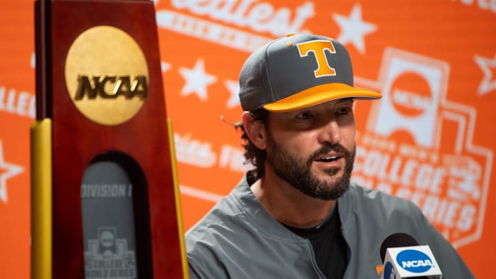 Tennessee head coach Tony Vitello speaks during a press conference before the NCAA College World Series finals at Charles Schwab Field in Omaha, Neb., on Friday, June 21, 2024.