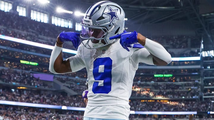 Sep 22, 2024; Arlington, Texas, USA;  Dallas Cowboys wide receiver KaVontae Turpin (9) reacts after scoring a touchdown during the second half against the Baltimore Ravens at AT&T Stadium. Mandatory Credit: Kevin Jairaj-Imagn Images