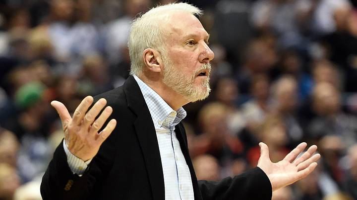 Mar 18, 2015; Milwaukee, WI, USA;  San Antonio Spurs head coach Gregg Popovich reacts in the second quarter during the game against the Milwaukee Bucksat BMO Harris Bradley Center. Mandatory Credit: Benny Sieu-USA TODAY Sports