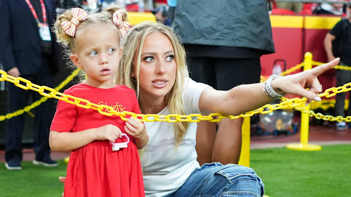 Sep 5, 2024: Brittany Mahomes and daughter Sterling prior to a game between the Baltimore Ravens and the Kansas City Chiefs