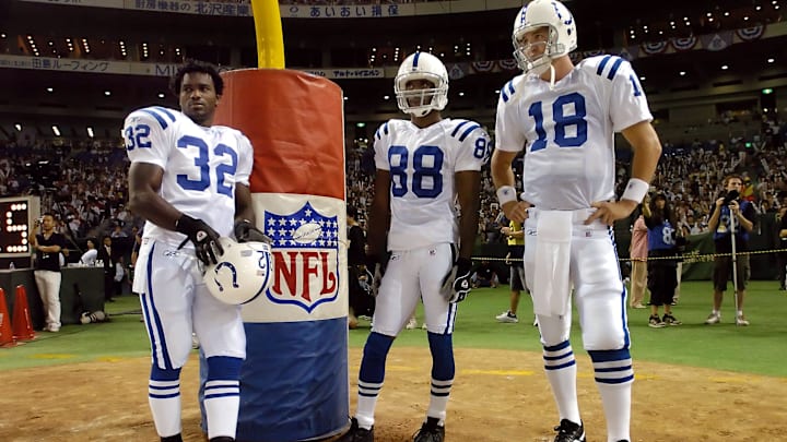 Indianapolis Colts Peyton Manning,right, Marvin Harrison, and Edgerrin James, left, wait to be introduced before their pre-season football game against the Atlanta Falcons Saturday night at the Tokyo Dome in Tokyo on Aug 6, 2005.
06 Colts07 116207 Jpg Indianapolis Colts Peyton Manning,right, Marvin Harrison, and Edgerrin James, left, wait to be introduced before their pre-season football game against the Atlanta Falcons Saturday night at the Tokyo Dome in Tokyo on Aug 6, 2005.
06 Colts07 116207 Jpg
