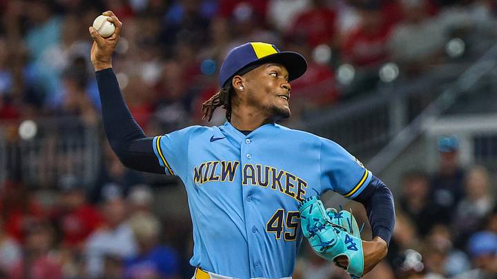 Jun 19, 2026; Cumberland, Georgia, USA; Milwaukee Brewers pitcher Abner Uribe (45) pitches against the Atlanta Braves during the seventh inning at Truist Park. Mandatory Credit: Jordan Godfree-Imagn Images