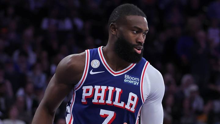 Oct 20, 2026; New York, New York, USA; Philadelphia 76ers guard Jaylen Brown (7) during the fourth quarter against the New York Knicks at Madison Square Garden. Mandatory Credit: Brad Penner-Imagn Images