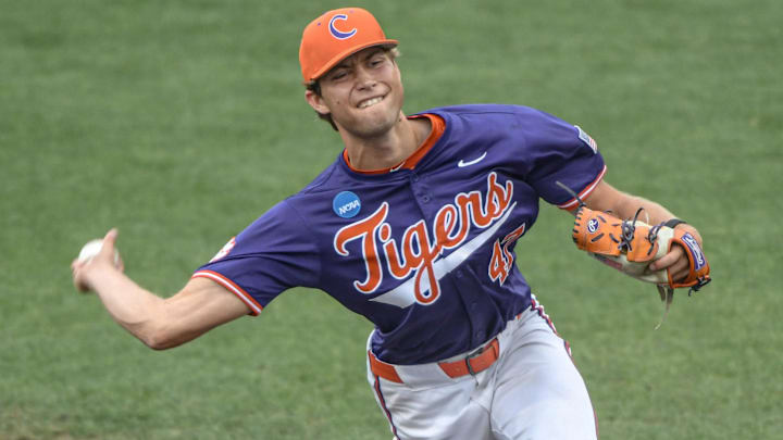 Jun 1, 2024; Clemson, South Carolina, USA; Clemson Tigers pitcher Lucas Mahlstedt (47) throws against the Coastal Carolina Chanticleers during the eighth inning in the Clemson Regional at Doug Kingsmore Stadium. Ken Ruinard-Imagn Images Jun 1, 2024; Clemson, South Carolina, USA; Clemson Tigers pitcher Lucas Mahlstedt (47) throws against the Coastal Carolina Chanticleers during the eighth inning in the Clemson Regional at Doug Kingsmore Stadium. Ken Ruinard-Imagn Images