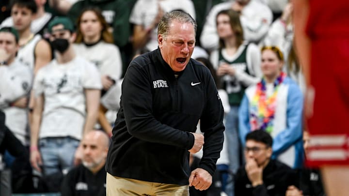 Michigan State's head coach Tom Izzo reacts to the officials during the first half against Wisconsin on Sunday, March 2, 2025, at the Breslin Center in East Lansing.