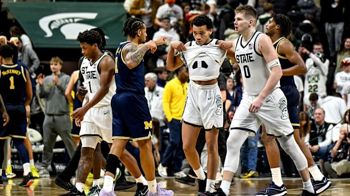 From left, Michigan State's Jeremy Fears Jr., Divine Ugochukwu and Jaxon Kohler leave the court after the Spartans loss to Michigan on Friday, Jan. 30, 2026, at the Breslin Center in East Lansing.