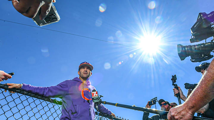 Clemson Head Coach Erik Bakich talks to reporters about pitching and the season ahead, before practice at Doug Kingsmore Stadium in Clemson, S.C. Tuesday, February 13, 2024.