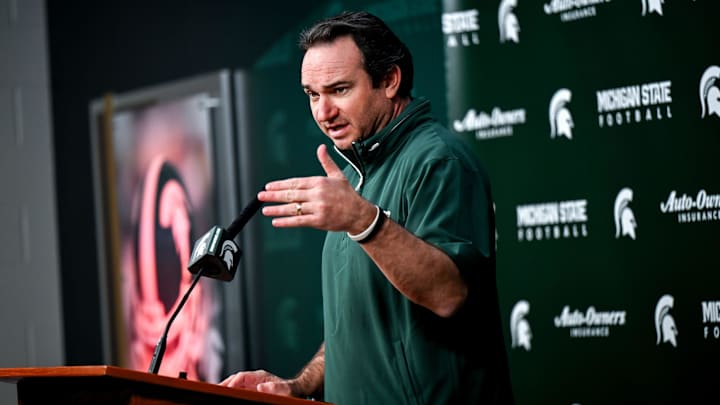Michigan State coach Jonathan Smith talks the media on the first national signing day for college football recruits Wednesday, Dec. 4, 2024, at Spartan Stadium in East Lansing.