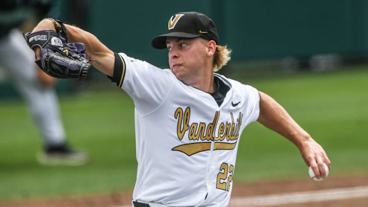 Vanderbilt University sophomore JD Thompson (22) pitches to Coastal Carolina University in the second inning during the NCAA Clemson Regional baseball game at Doug Kingsmore Stadium.