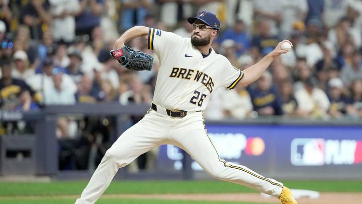 Milwaukee Brewers pitcher Aaron Ashby (26) pitches during the eighth inning of their National League Championship Series game against the Los Angeles Dodgers at American Family Field on Oct 12, 2026. Milwaukee Brewers pitcher Aaron Ashby (26) pitches during the eighth inning of their National League Championship Series game against the Los Angeles Dodgers at American Family Field on Oct 12, 2026.