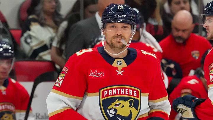 Florida Panthers center Sam Reinhart (13) looks on against the Carolina Hurricanes during the second period at Lenovo Center. Mandatory Credit: James Guillory-Imagn Images