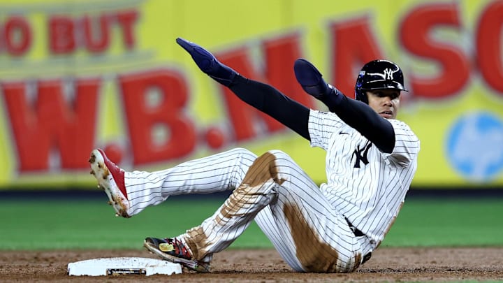Oct 28, 2024; New York, New York, USA; New York Yankees outfielder Juan Soto (22) reacts after being called out during the sixth inning against the Los Angeles Dodgers in game three of the 2024 MLB World Series at Yankee Stadium. Mandatory Credit: Wendell Cruz-Imagn Images Oct 28, 2024; New York, New York, USA; New York Yankees outfielder Juan Soto (22) reacts after being called out during the sixth inning against the Los Angeles Dodgers in game three of the 2024 MLB World Series at Yankee Stadium. Mandatory Credit: Wendell Cruz-Imagn Images