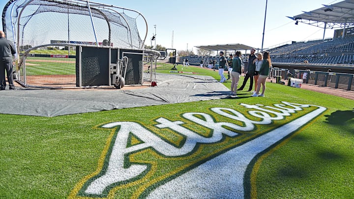 Feb 23, 2018; Mesa, AZ, USA; A general view of a logo on the field prior to the game between the Los Angeles Angels and the Oakland Athletics at Hohokam Stadium. Mandatory Credit: Jayne Kamin-Oncea-Imagn Images