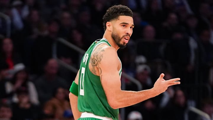 Apr 9, 2026; New York, New York, USA; Boston Celtics forward Jayson Tatum (0) reacts after hitting a three pointer during the fourth quarter against the New York Knicks at Madison Square Garden. Mandatory Credit: Lucas Boland-Imagn Images