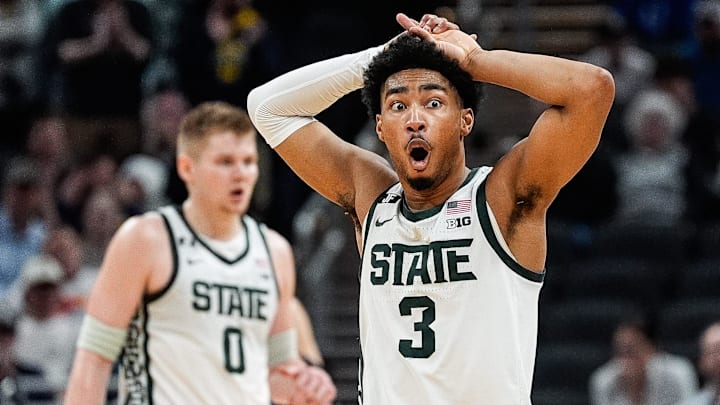 Michigan State guard Jaden Akins (3) reacts to a personal foul against Wisconsin during the second half of Big Ten Tournament semifinal at Gainbridge Fieldhouse in Indianapolis, Ind. on Saturday, March 15, 2025.