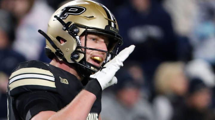 Purdue Boilermakers defensive back Dillon Thieneman (31) reacts after a Penn State Nittany Lions touchdown Saturday, Nov. 16, 2024, during the NCAA football game at Ross-Ade Stadium in West Lafayette, Ind. Penn State Nittany Lions won 49-10.