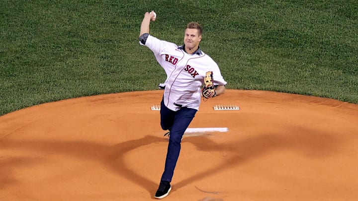 Oct 18, 2021; Boston, Massachusetts, USA; Former Boston Red Sox pitcher Jonathan Papelbon throws a