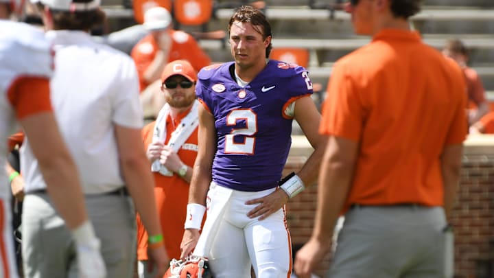The Clemson Tigers football annual Orange and White Spring game was held on April 5, 2025, at Memorial Stadium in Clemson, South Carolina. Clemson quarterback Cade Klubnik (2) on tthe sidelines. Clemson quarterback Cade Klubnik (2) on the sidelines.